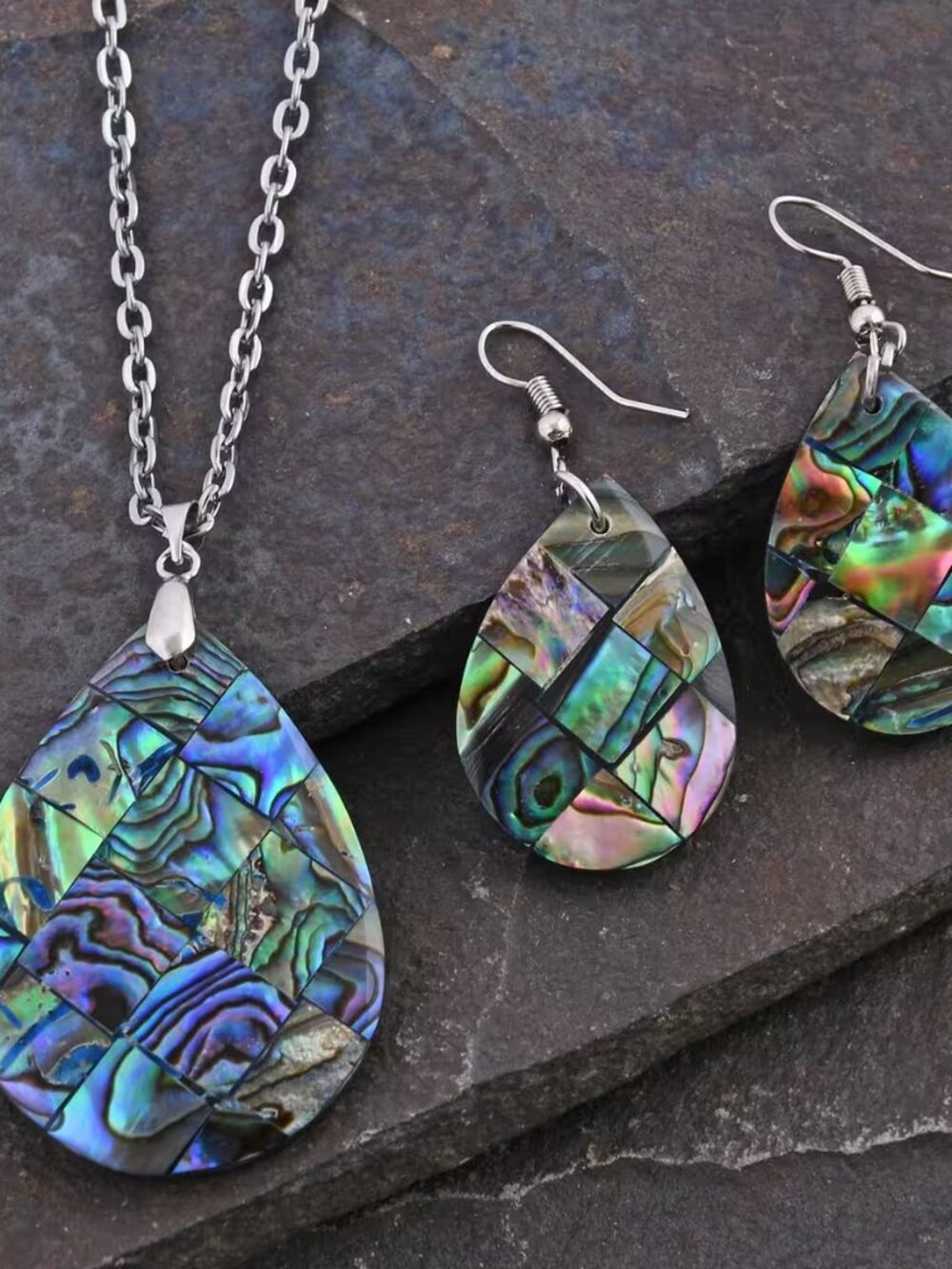 Abalone Shell Necklace 20 Inches and Dangle Earrings in Sterling Silver - NEW